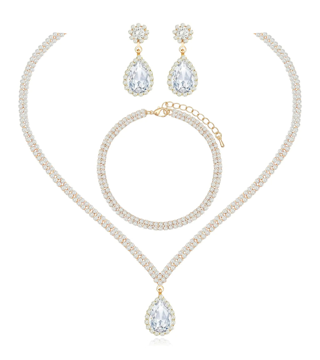 chaoyite Elegant Crystal Wedding Necklace Earrings Bracelet Jewelry Set for Women Brides Bridesmaids Prom Party Costume Accessory Gifts (Style #2-white crystal-gold tone)