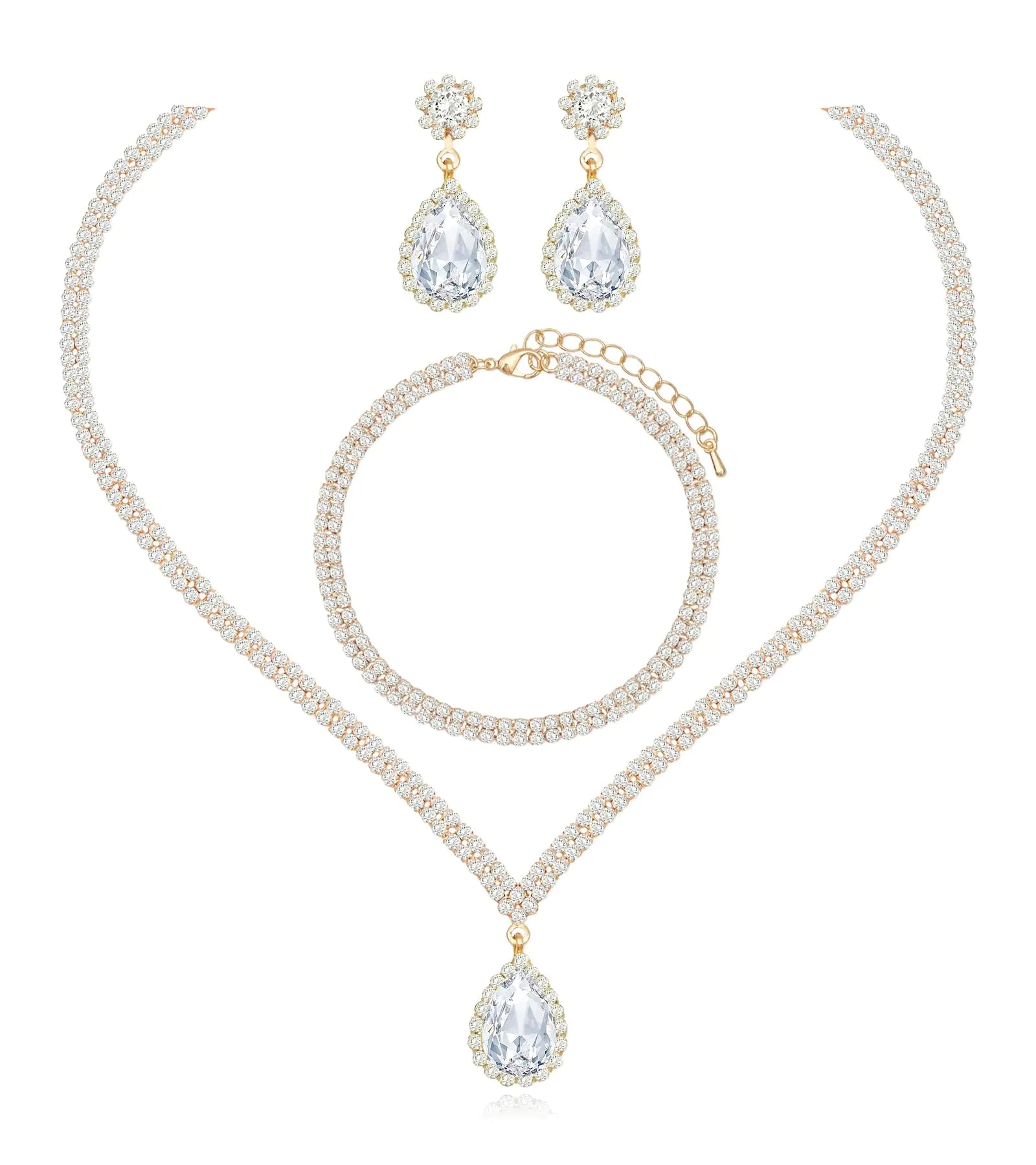 chaoyite Elegant Crystal Wedding Necklace Earrings Bracelet Jewelry Set for Women Brides Bridesmaids Prom Party Costume Accessory Gifts (Style #2-white crystal-gold tone)