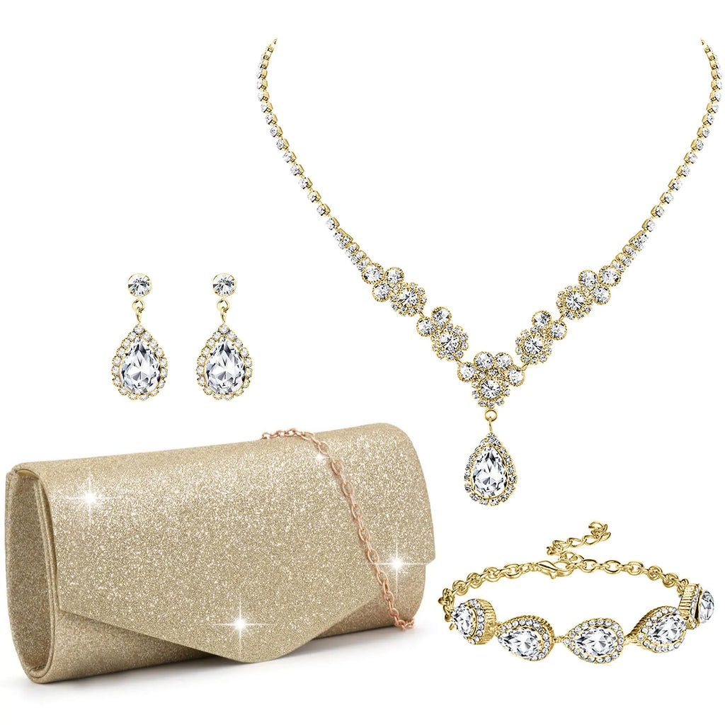 FEYIR Clutch Purse Jewelry Set for Women Evening Bags Silver Gold Rhinestone Crystal Necklace Earrings Bracelet Set Formal Wedding Bridal Accessories Jewelry for Prom