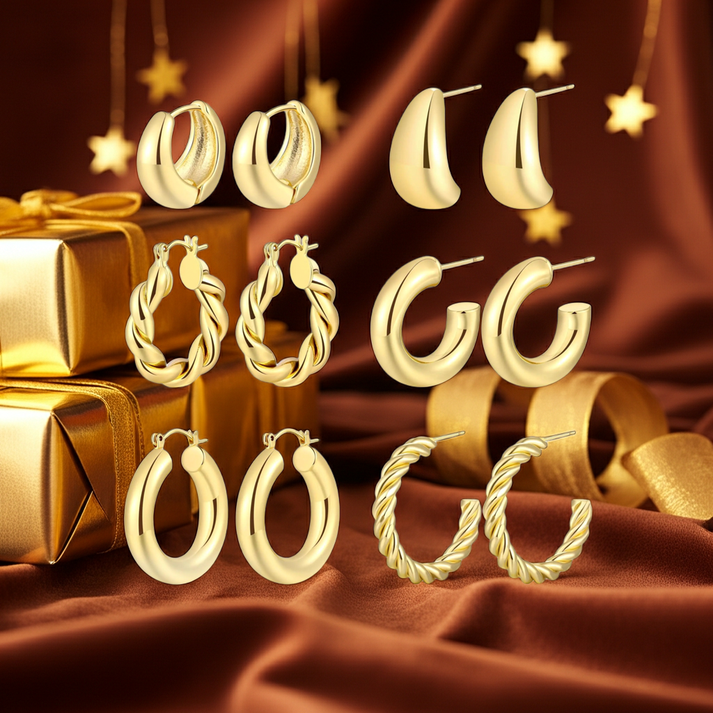 Dodder Gold Chunky Hoop Earrings for Women | 14K Gold Plated Lightweight Twisted Thick Open Hoop Earrings Set (Gold)