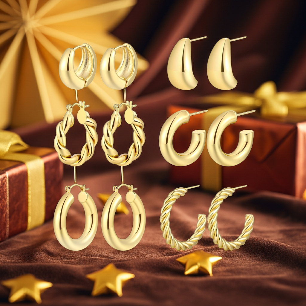 Dodder Gold Chunky Hoop Earrings for Women | 14K Gold Plated Lightweight Twisted Thick Open Hoop Earrings Set (Gold)