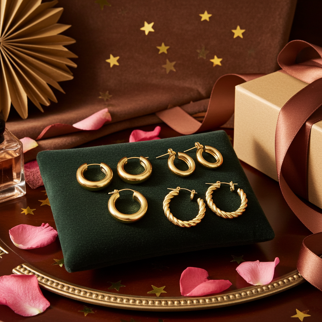 Dodder Gold Chunky Hoop Earrings for Women | 14K Gold Plated Lightweight Twisted Thick Open Hoop Earrings Set (Gold)