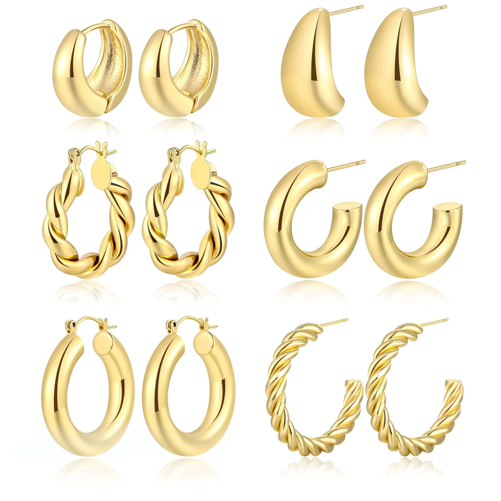 Dodder Gold Chunky Hoop Earrings for Women | 14K Gold Plated Lightweight Twisted Thick Open Hoop Earrings Set (Gold)