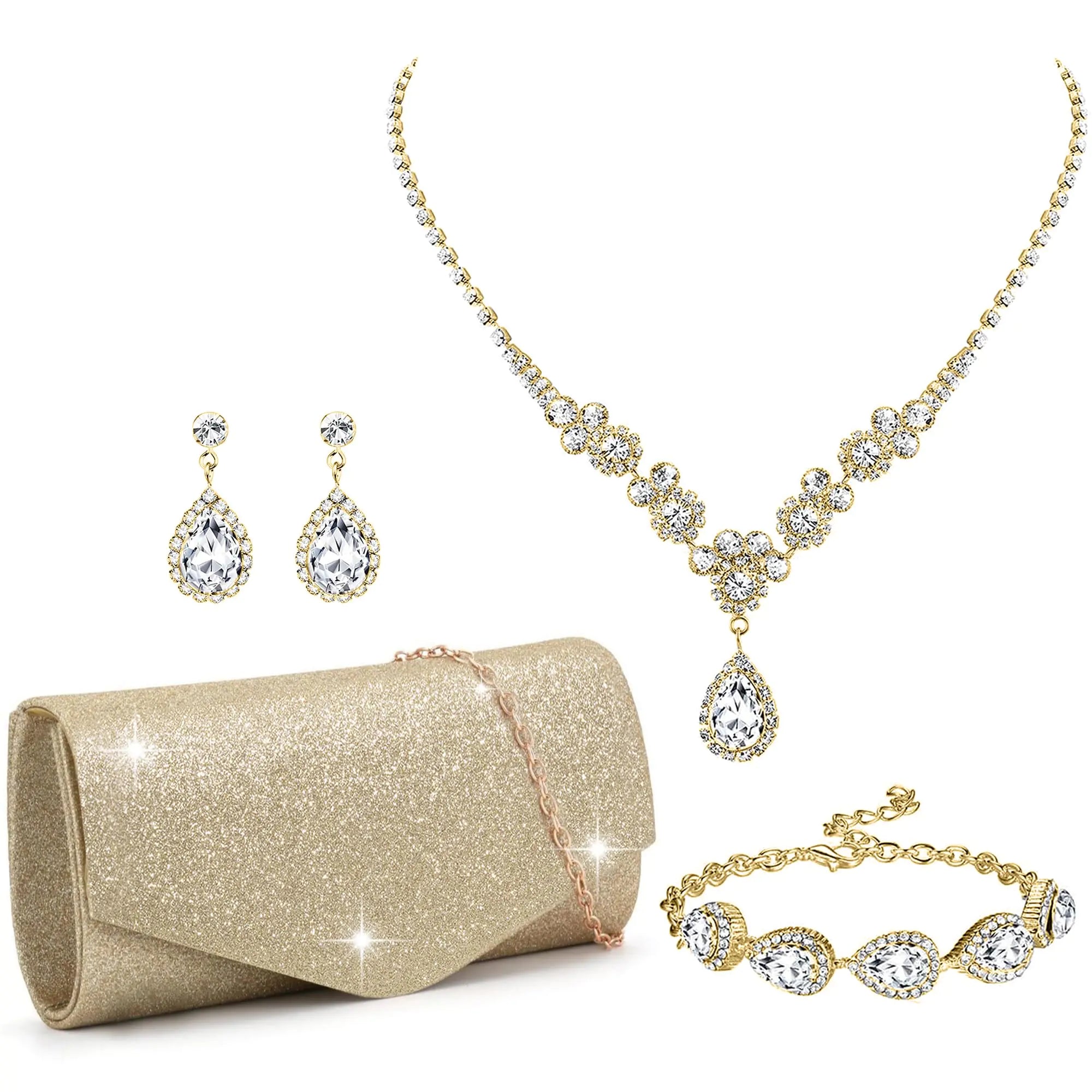FEYIR Clutch Purse Jewelry Set for Women Evening Bags Silver Gold Rhinestone Crystal Necklace Earrings Bracelet Set Formal Wedding Bridal Accessories Jewelry for Prom